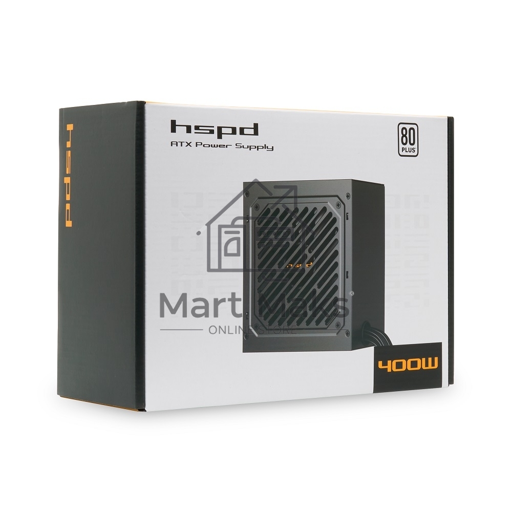 Блок питания HSPD, 400W 80 PLUS White (ATX, 2.31, Non-modular, 1x24(20+4)pin 500мм, 1xCPU 8(4+4)pin 550мм, 1xPCIe 8(6+2)pin 500мм, 1xMOLEX + SATA*2 400+150+150мм, 1xMOLEX + SATA 400+150мм, Active, 120x120мм, 150x140x86мм, APFC, OVP, OPP, SCP, UVP, NLO, SIP, black)