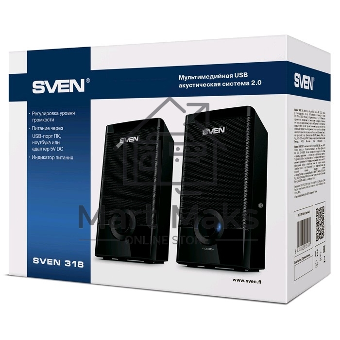 Колонки Sven 318 черный USB-порт ПК, ноутбука или адаптер 5V DC