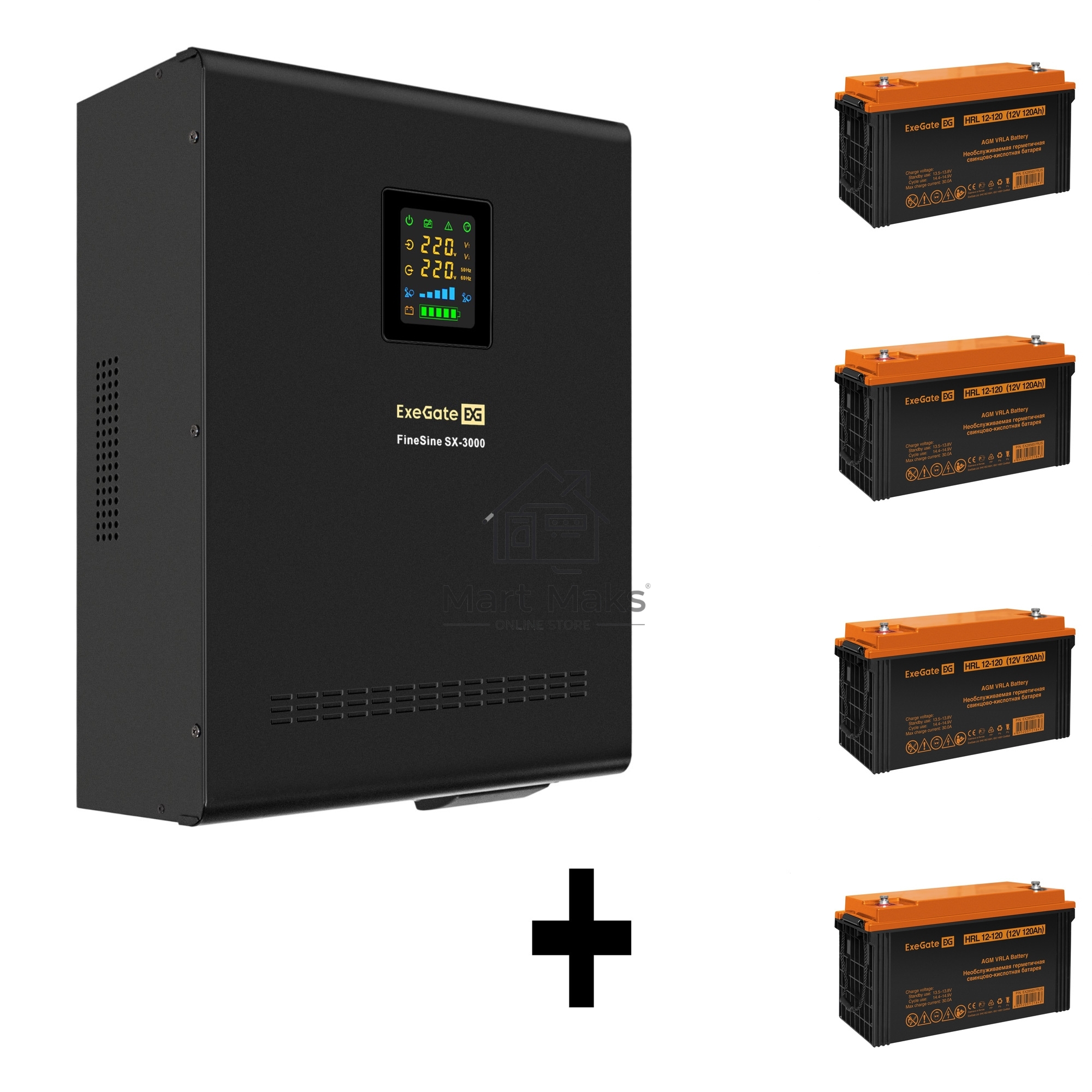 Комплект Источник бесперебойного питания EX296003RUS + батарея 120Aч EX285657RUS 4шт ExeGate FineSine SX-3000.LCD.AVR.2SH.T + батарея ExeGate HRL 12-120 (12В, 120Ач) 4шт