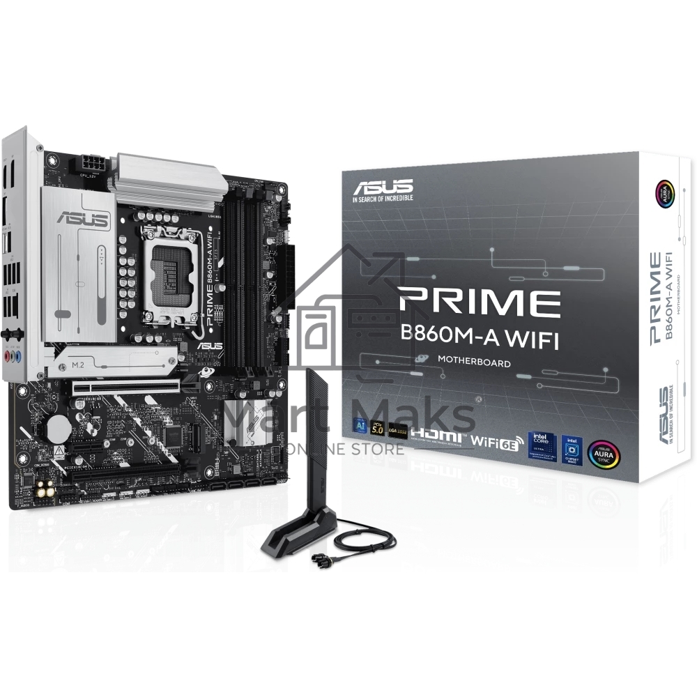 Материнская плата ASUS PRIME B860M-A WIFI, LGA 1851, Intel B860, 4xDDR5, 4xSATA, 2xM.2, 1xPCIe 5.0 x16, 1xPCIe 4.0 x16, 1xPCIe 4.0 x1, 2xDP, 1xHDMI, 1x 2.5Gb LAN, 1xUSB-C 20Gbps, 1xUSB-A 10Gbps, 2xUSB-A 5Gbps, 4xUSB-A 2.0, 3x3.5 мм, 7.1, micro-ATX.