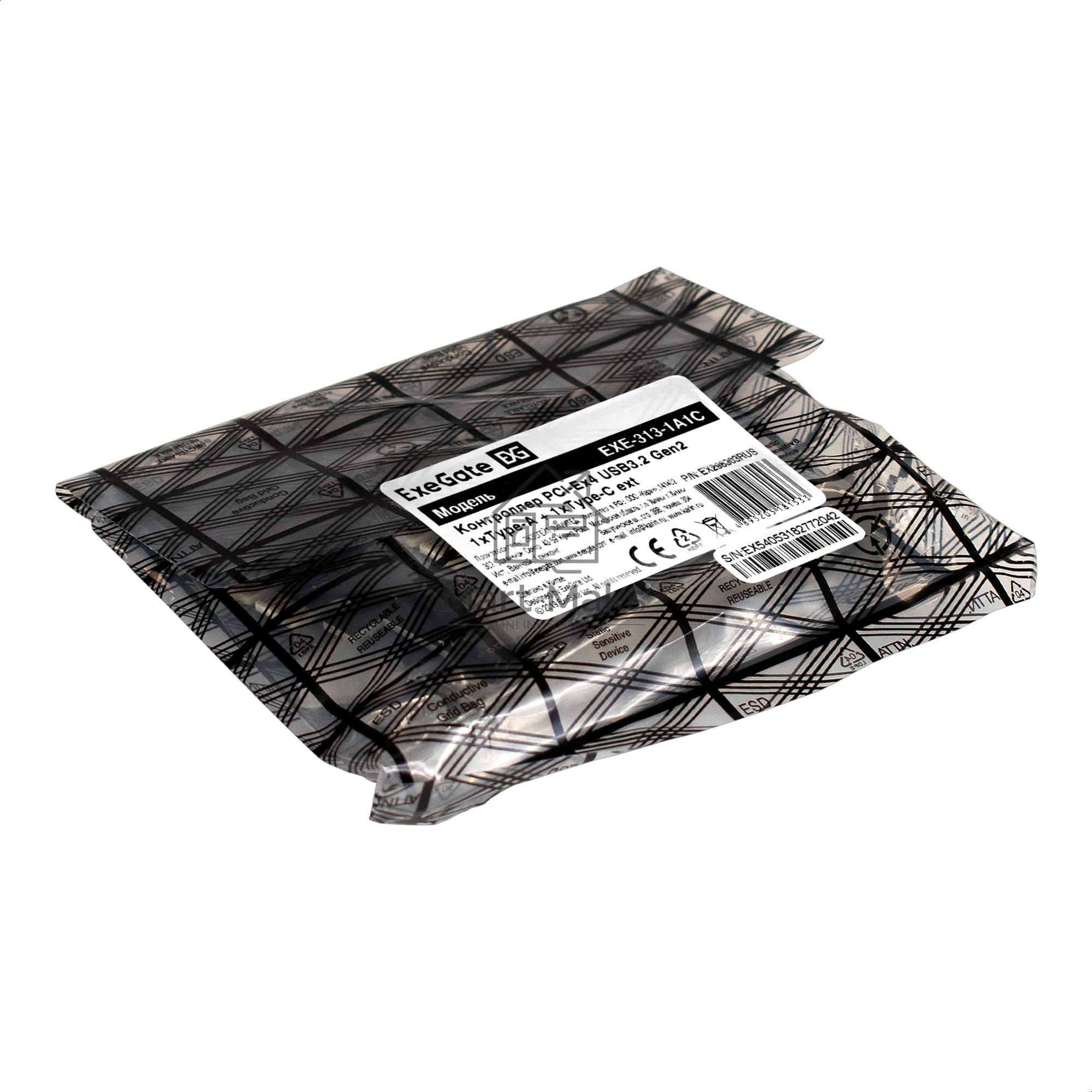 Контроллер ExeGate EXE-313-1A1C (PCI-E x4 v3.0, USB3.2 Gen2 1xType-A + 1xType-C ext., SuperSpeed+ скорость до 10 Гбит/с, разъем доп.питания, ASMedia Chipset ASM3142)