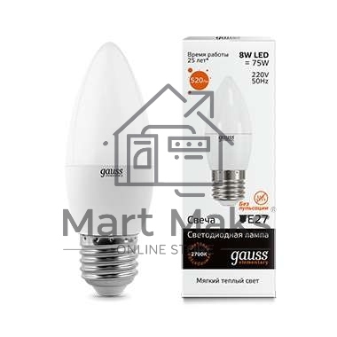 Лампа светодиодная LED Elementary Candle E27 8Вт 3000К Gauss 33218