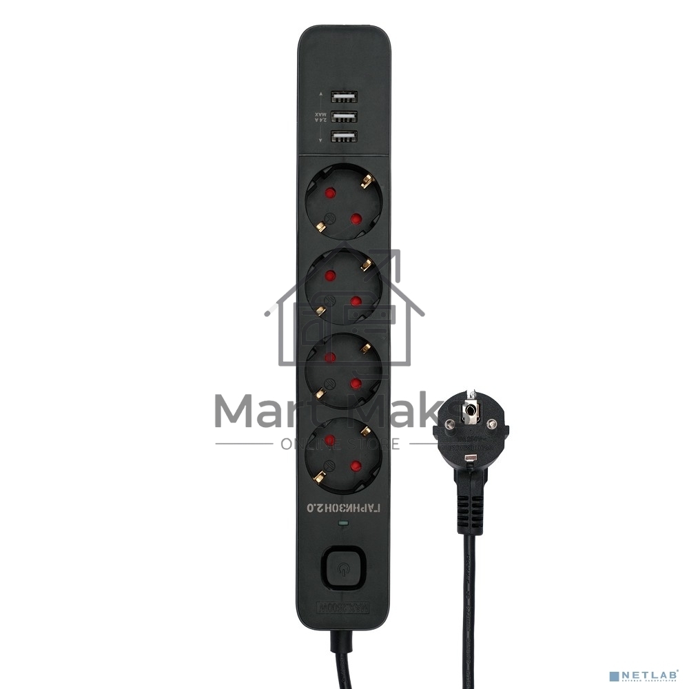 Сетевой фильтр Гарнизон 2.0 Мультипорт EPS-4-U3-B-2, 4 р, 10А, 3xUSB, 2м, ур.защиты 2+, черный, пакет
