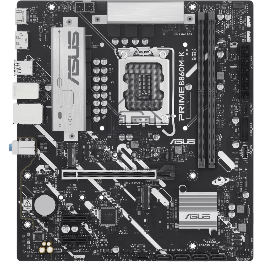 Материнская плата ASUS PRIME B860M-K, LGA 1851, Intel B860, 2xDDR5, 4xSATA, 2xM.2, 1xPCIe 4.0 x16, 2xPCIe 4.0 x1, 1xHDMI, 1xDP, 1x 2.5Gb LAN, 1xUSB-A 10Gbps, 3xUSB-A 5Gbps, 3xUSB-A 2.0, 3x3.5 мм, 7.1, mATX
