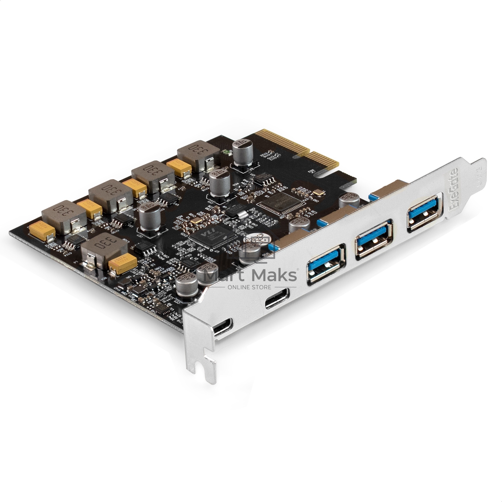 Контроллер ExeGate EXE-313-3A2C (PCI-E x4 v3.0, USB3.2 Gen2 3xType-A + 2xType-C ext., SuperSpeed+ скорость до 10 Гбит/с, разъем доп.питания, ASMedia Chipset ASM3142)