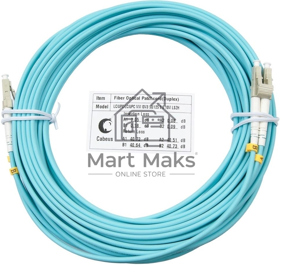 Патч-корд оптический Cabeus Tight Buffer FOP-50-LC-LC-20m Duplex LC/LC, OM3 50/125, LSZH, 20м, Ø 3мм, серый хвостовик, цвет: аква
