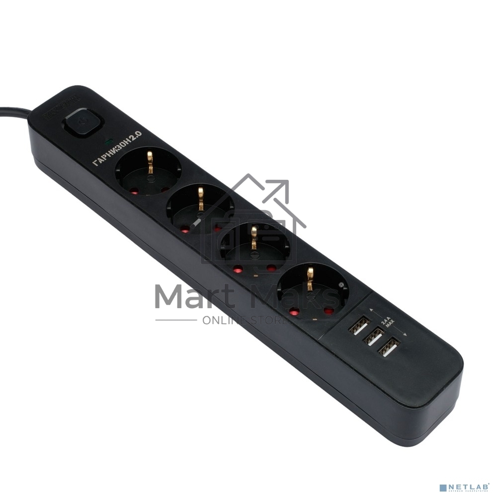 Сетевой фильтр Гарнизон 2.0 Мультипорт EPS-4-U3-B-2, 4 р, 10А, 3xUSB, 2м, ур.защиты 2+, черный, пакет