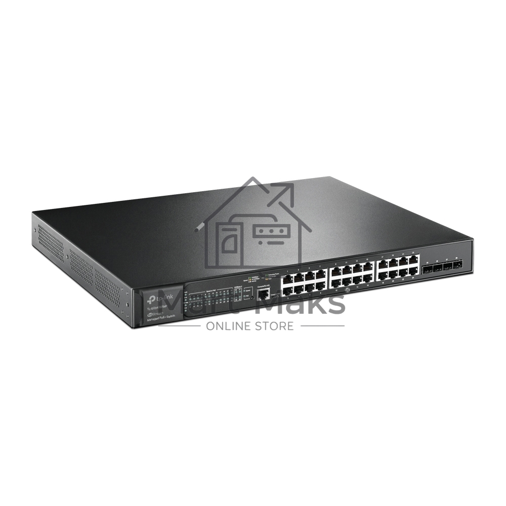 Коммутатор TP-Link 24-port Gigabit Managed PoE switch with 4 10G SFP+ ports, support 802.3af/at PoE, 1 console port, 19-inch rack mount, support L2/L2+ features.