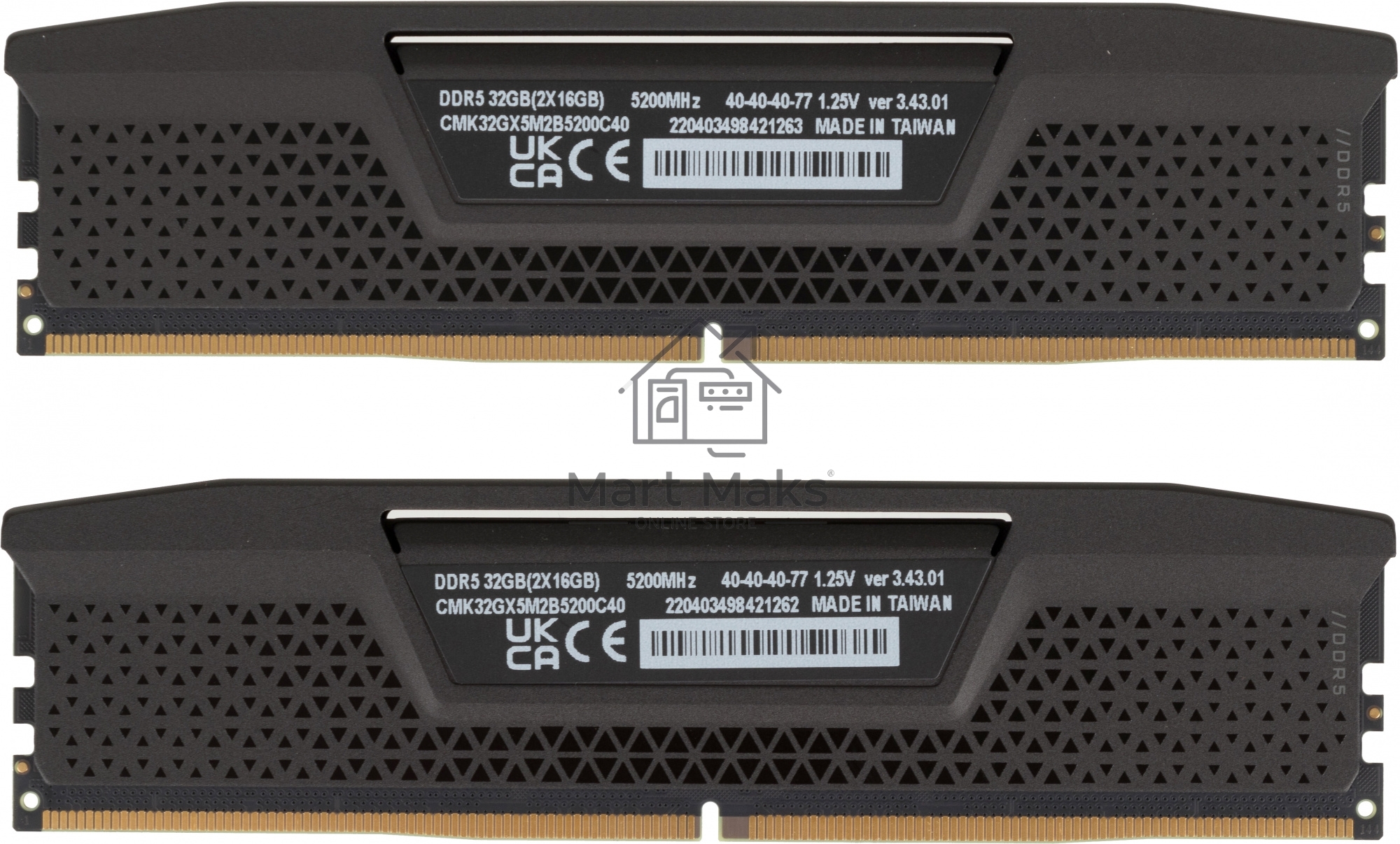 Оперативная память Corsair Vengeance, DDR5, 32GB (2x16 GB), 5200 MHz, CL40, DIMM, радиатор, черный