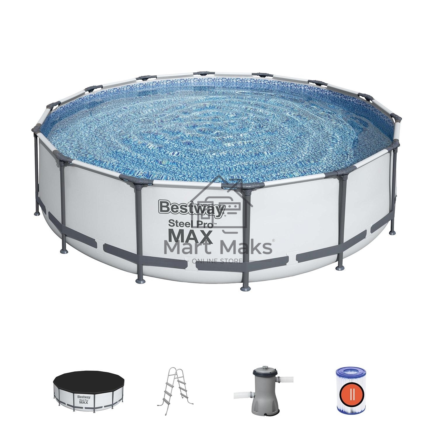 56950 BW, Bestway, Каркасный бассейн Steel Pro Max 427х107см, 13030л, фил.-насос 3028л/ч, лестница, тент, уп.1