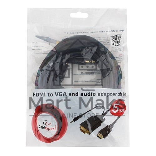 Кабель HDMI->VGA Cablexpert A-HDMI-VGA-03-5M, 19M/15M + 3.5Jack, медь, позол.разъемы, 5м, черный, пакет