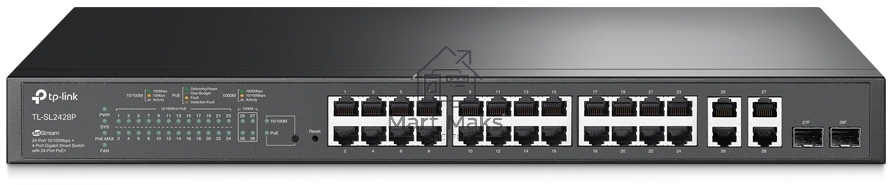 Сетевой коммутатор JetStream 24-port 10/100Mbps + 4-port Gigabit L2 Smart Switch with 24-port PoE+, PoE budget up to 250W, support PoE power management, with abundant L2 features,1U rack mountable, full managed via web UI/CLI/SSH/Telnet/SNMP