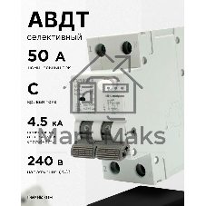 Автоматический выключатель дифференциального тока Гарнизон RCBO-50-2-50-4.5- C-100-S, АД-50 (селективный) 1P+N 50А/100мА, 4.5кА (C, тип АС)