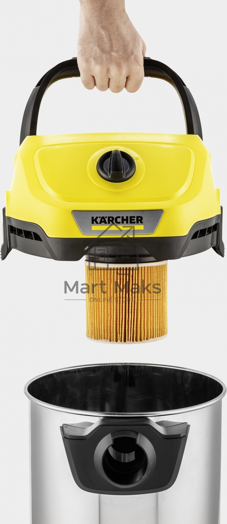 Строительный пылесос Karcher WD 3 S V-17/4/20 желтый, 1000 Вт, уборка сухая/сбор воды, пылесборник мешок/контейнер, 17 л