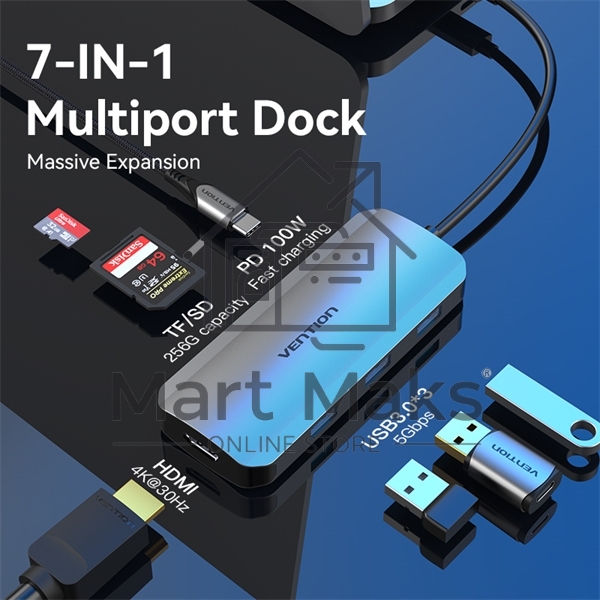 Хаб Vention USB-C to HDMI/USB 3.0x3/SD/TF/PD Docking Station Gray 0.15M Aluminum Alloy Type
