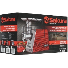 Мясорубка электрическая Sakura SA-6424R красный, 2000 Вт, 3.5 кг/мин, реверс, защита от перегрузки, металлический лоток, насадки - 4