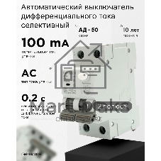 Автоматический выключатель дифференциального тока Гарнизон RCBO-50-2-50-4.5- C-100-S, АД-50 (селективный) 1P+N 50А/100мА, 4.5кА (C, тип АС)