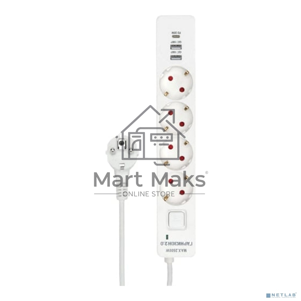Сетевой фильтр Гарнизон EPS-OP-4-CU2-W-2 2.0 Мультипорт 4р, 10А, 1xType-C PD, 2 х USB QC, 4м, ур.защиты 4+, белый, пак(21449)