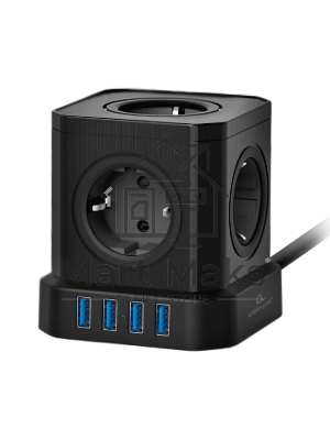 Сетевой фильтр Cablexpert Tower, TWR-5-U4-B-2, 5р, 10А, 4хUSB, 3.1А, 2м, ур.защиты 4+, черный, коробка