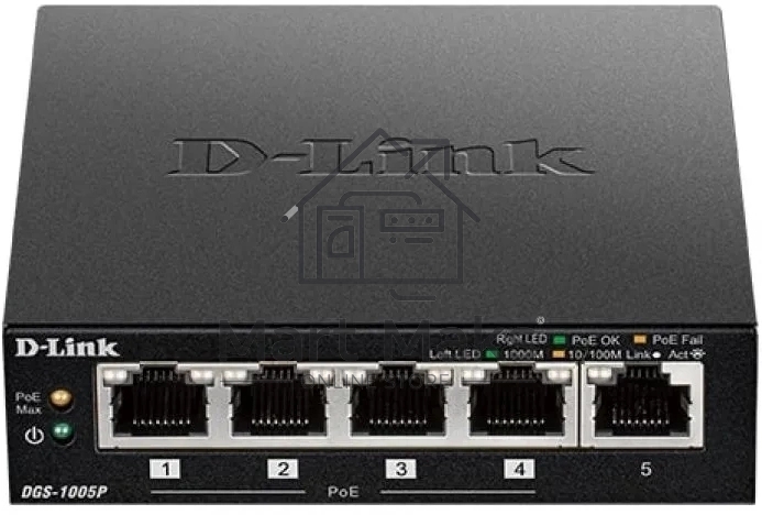 Неуправляемый коммутатор D-Link DGS-1005P/B3A с 5 портами 10/100/1000Base-T (4 порта PoE 802.3af/at, PoE-бюджет 60 Вт)