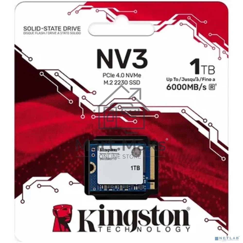 Накопитель SSD Kingston NV3, 1000Gb, M.2(22x30мм), NVMe, PCIe 4.0 x4, 3D TLC, R/W 6000/4000Mb/s, TbW 320, DWPD 0.2 (60 мес)