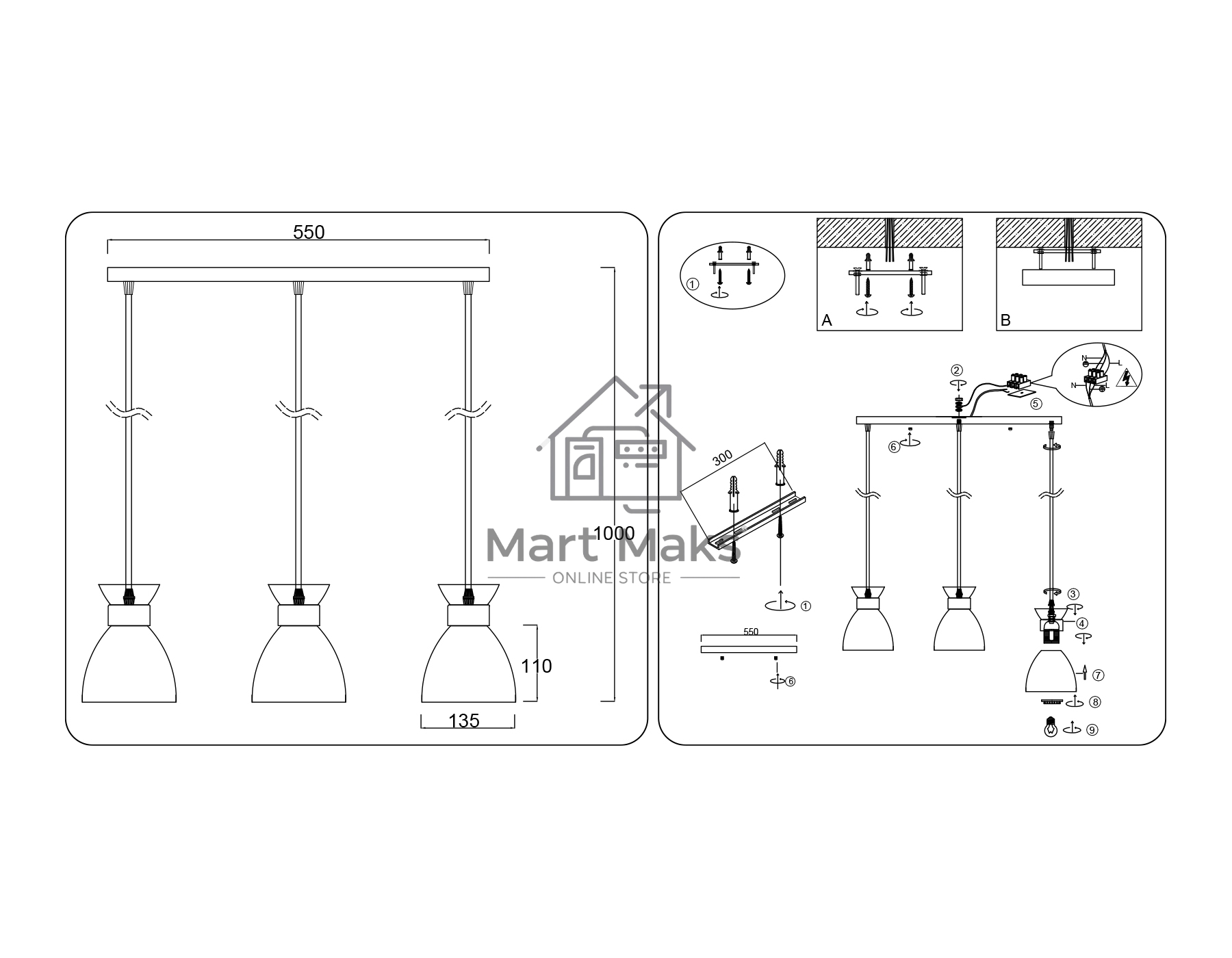 Светильник Ambrella light TR8466/3 WH/FGD белый/золото E27/3 max 60W 550*135*1000