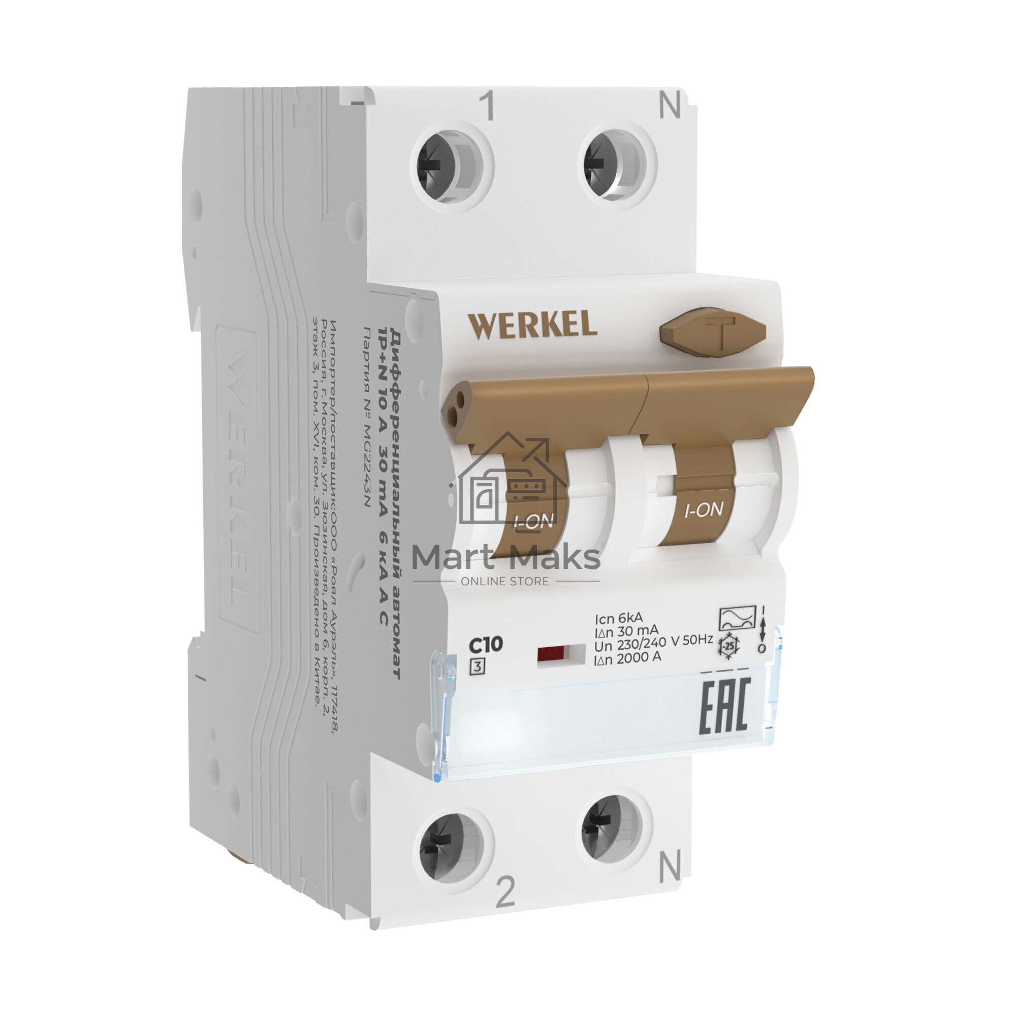 Дифференциальный автомат  Werkel 1P+N 10 A  30 mА  6 kА  C A W922P254