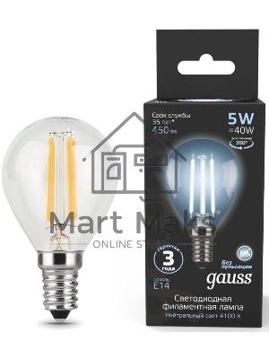 Лампа светодиодная Filament Шар E14 5Вт 4100К Gauss 105801205
