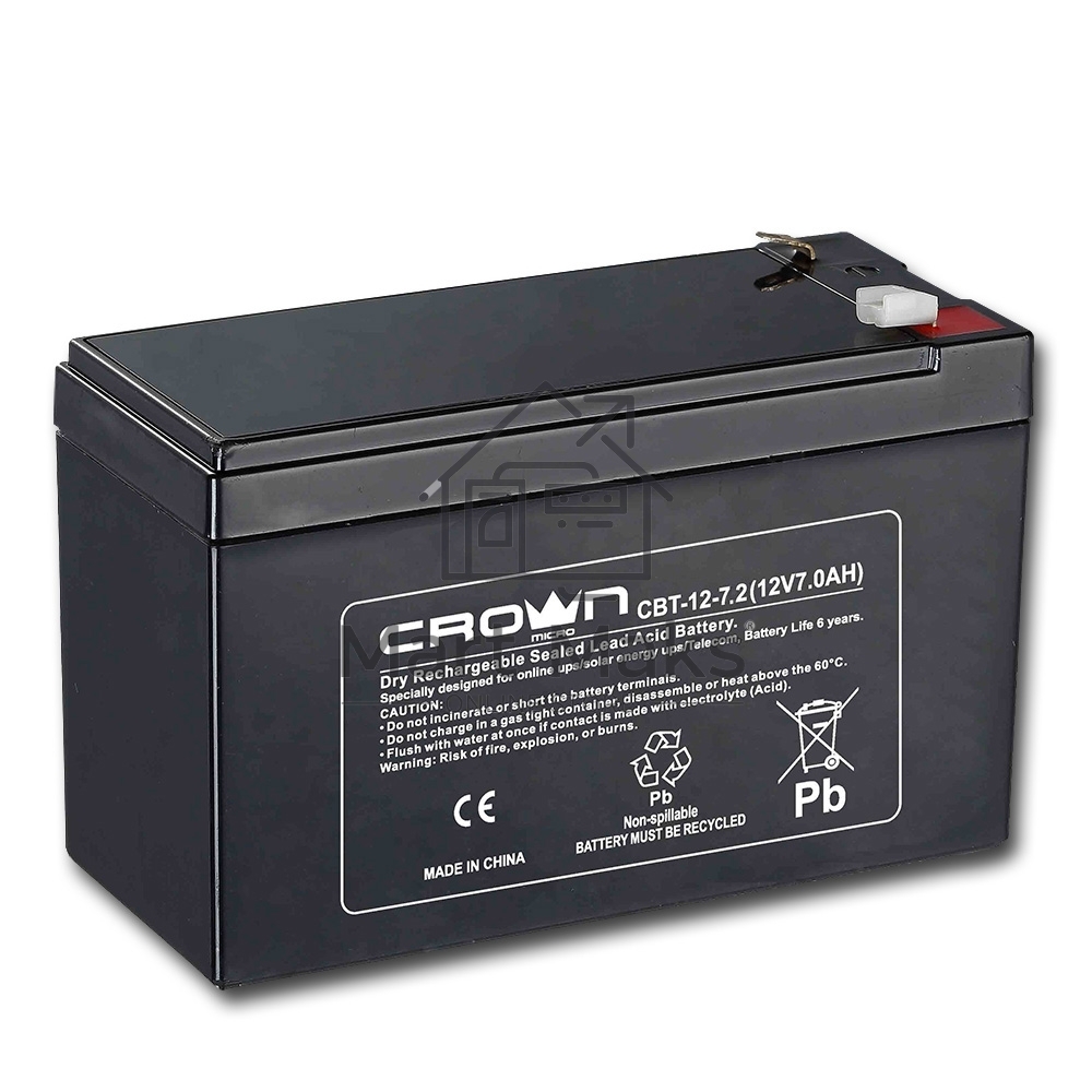 Батарея CROWN CBT-12-7.2 (напряжение 12В, емкость 7.2 А/Ч, разм 151х65х100 мм, вес 2,1 кг, тип клеммы - F2, 5 лет)