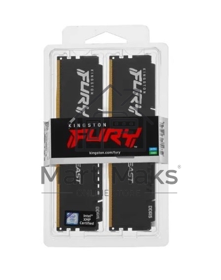 Оперативная память Kingston Fury Beast, DDR5, 32GB (2x16GB), 5200MHz, CL40, DIMM, радиатор, черный
