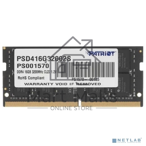 Оперативная память Patriot Signature, DDR4, 16GB (1x16 GB), 3200 MHz, CL22, SO-DIMM