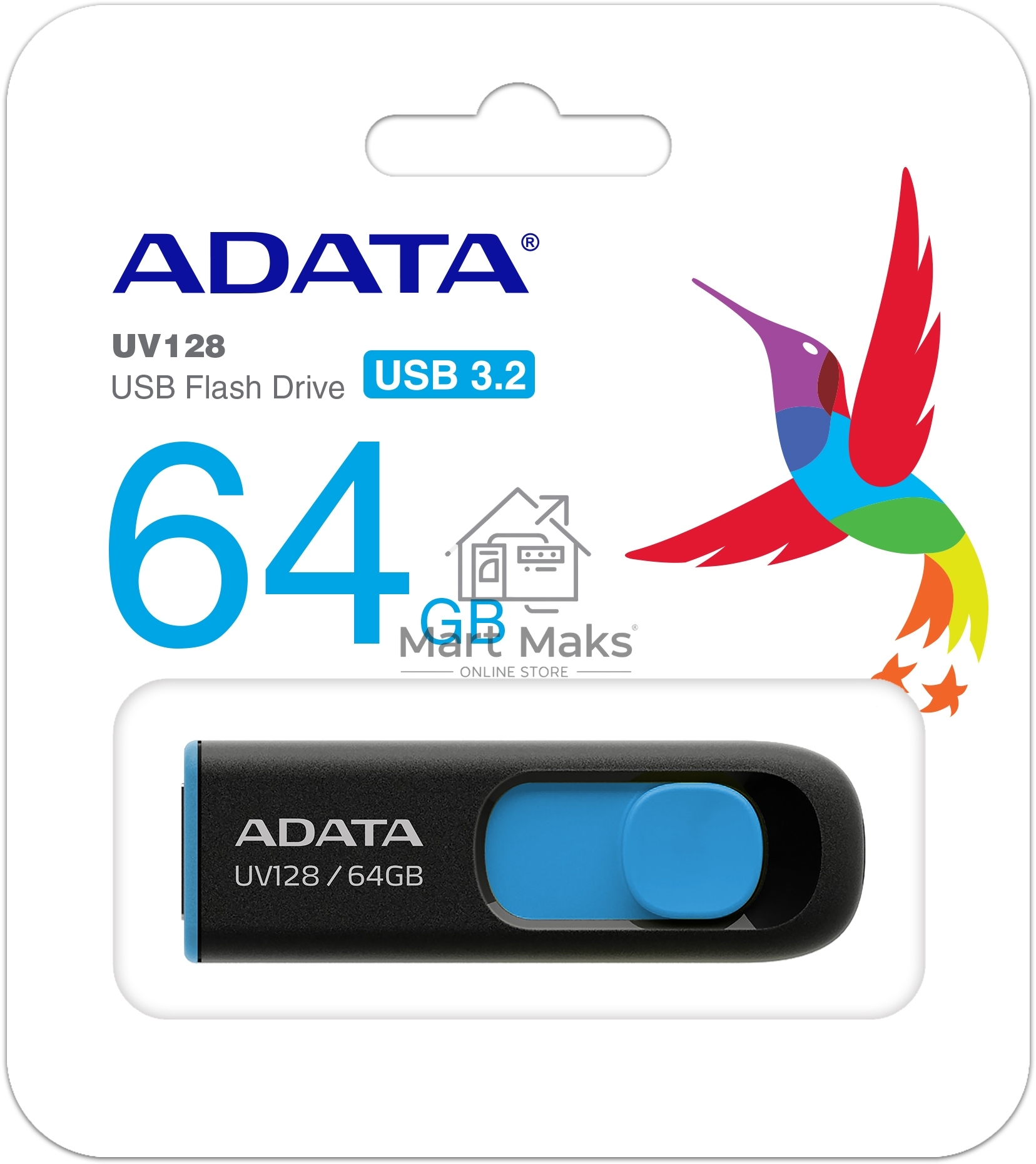 Флешка USB ADATA UV128 (AUV128-64G-RBE), 64Gb, USB 3.0, R/W 100/30, черный/синий