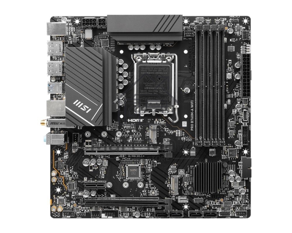 Материнская плата MSI PRO B760M-A WIFI, LGA 1700, Intel B760, 4xDDR5, 4xSATA, 2xM.2, 1xPCI-E 4.0 x16, 1xPCI-E 4.0 x4, 2xHDMI, 2xDP, 1x2.5Gb LAN, 2xUSB-A 2.0, 2xUSB 3.2 Gen 1, 2xUSB 3.2 Gen 2, 3x3.5 мм, 7.1, Micro-ATX