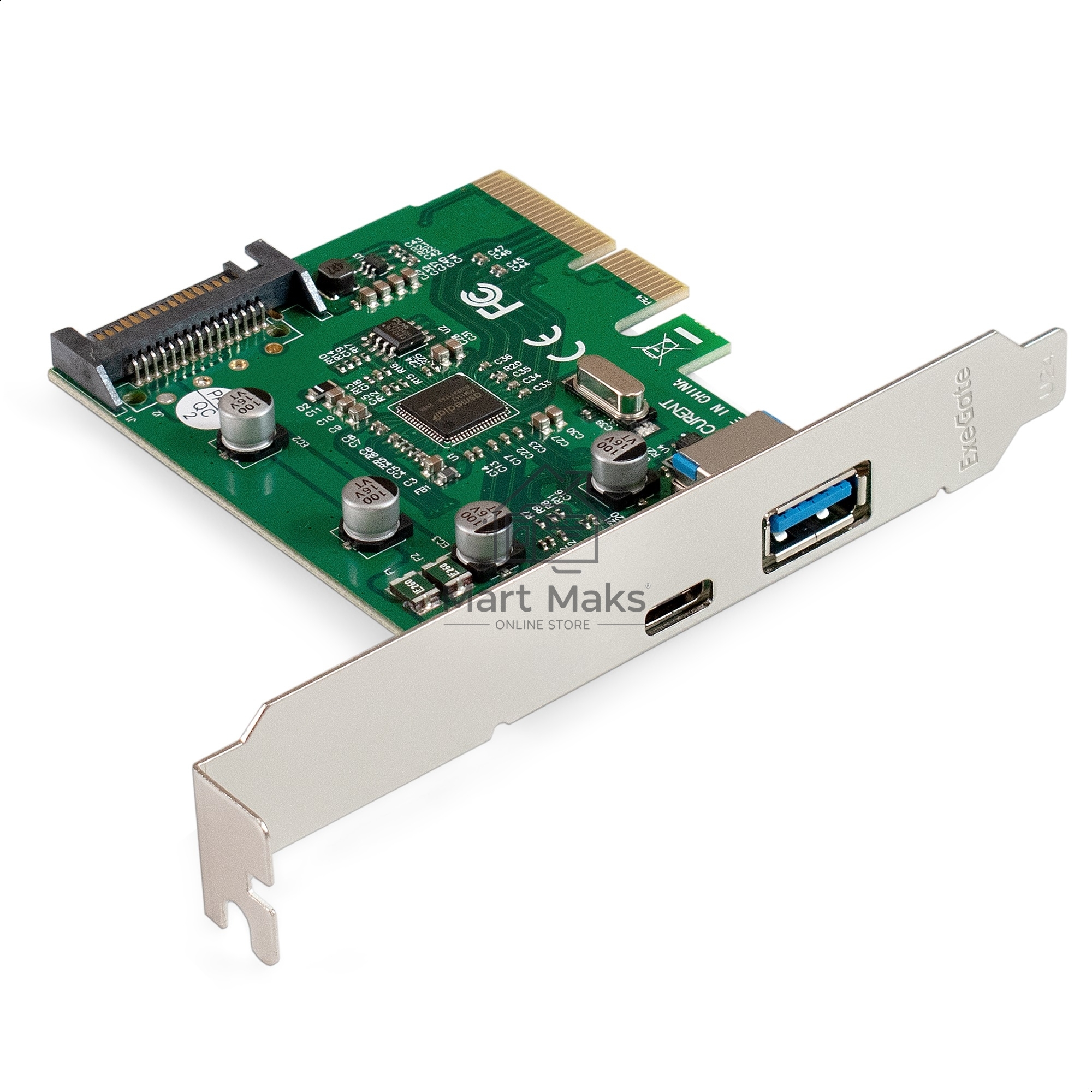 Контроллер ExeGate EXE-320-1A1C (PCI-E x4 v3.0, USB3.2 Gen2 1xType-A + 1xType-C ext., SuperSpeed+ скорость до 10 Гбит/с, разъем доп.питания, ASMedia Chipset ASM1142)
