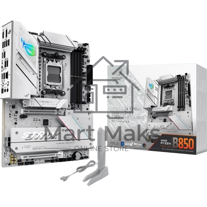 Материнская плата ASUS ROG STRIX B850-A GAMING WIFI, AM5, AMD B850, 4xDDR5, 2xSATA, 4xM.2, 1xPCIe 5.0 x16, 1xPCIe 4.0 x16, 1xPCIe x4, 1xDP, 1xHDMI, 1x2.5Gb LAN, 1xUSB-C 20Gbps, 1xUSB-C 10Gbps, 2xUSB-A 10Gbps, 4xUSB 5Gbps, 2xUSB-A 2.0, 3x3.5 мм, 7.1, ATX
