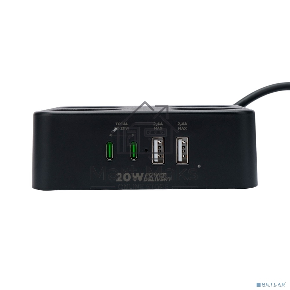 Сетевой фильтр Cablexpert Plate, PLT-4-C2U2-B-3, 4р, 10А, 2xType-C PD, 20Вт, 2xUSB, 2.4A, 3м, ур.защиты 4+, черный, коробка