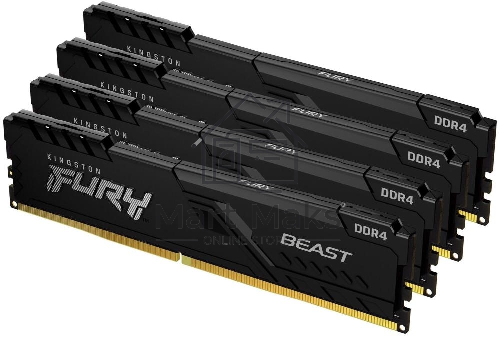 Оперативная память Kingston Fury Beast, DDR4, 64GB (4x16GB), 3200MHz, CL16, DIMM, радиатор, черный