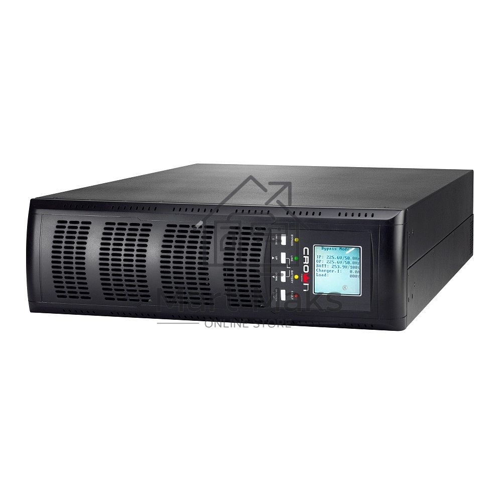 Источник бесперебойного питания CROWN On-Line CMUOA-300X-6K 6000VA/5400W, корпус металл, TOWER&RACK, 3U+3U, АКБ 16*12V/7AH, PF-0.9, AVR 110-300V, порт USB+RS-232, EPO, розетки - клемная колодка (Ph+N+GND), входной кабель 2,5 м, вентилятор охлаждения, авто