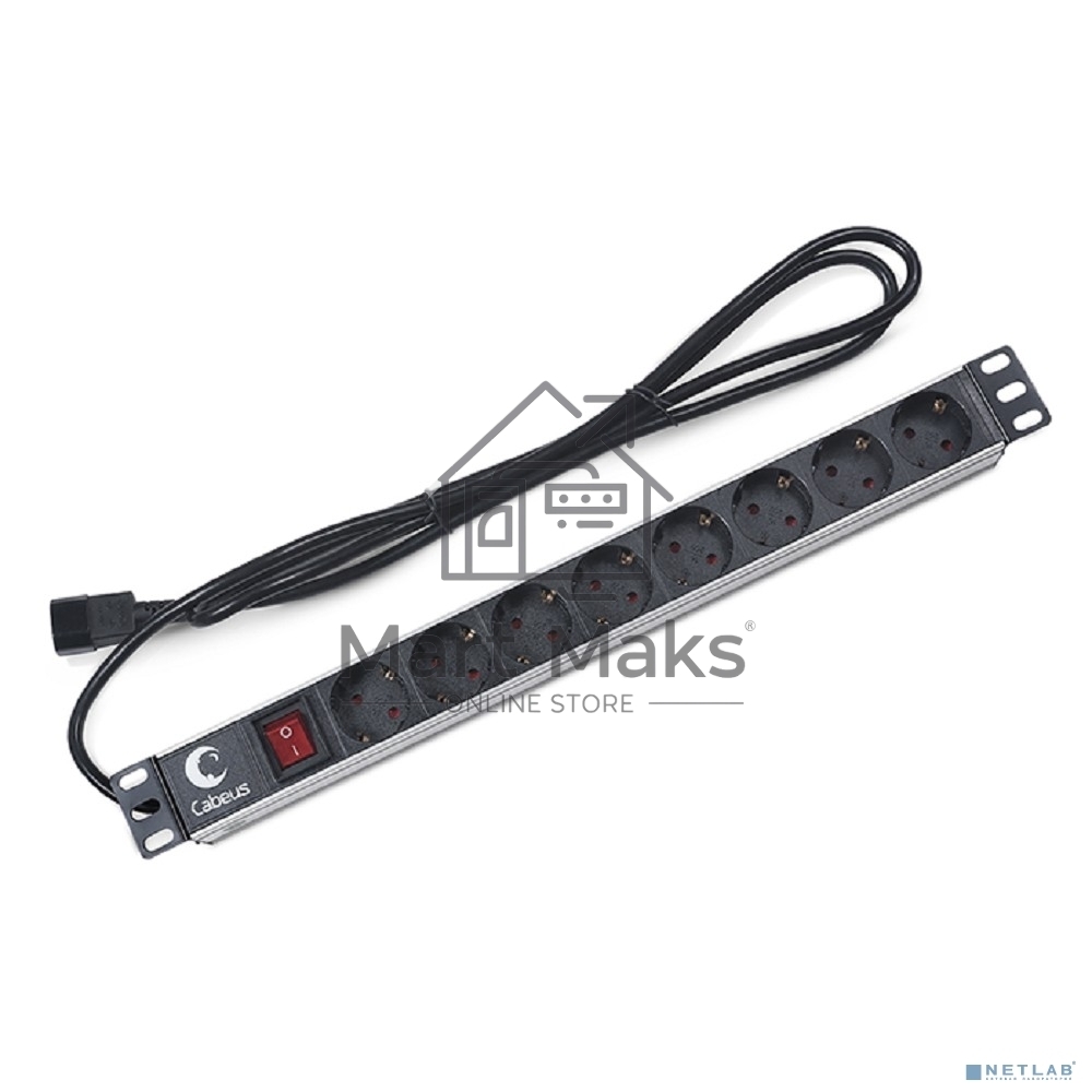 Блок силовых розеток Cabeus, Shuko х 8, вход IEC 320 C14, для шкафов, шнур 2 м, 50х490х50 мм (ВхШхГ), 10А, выключатель, черный