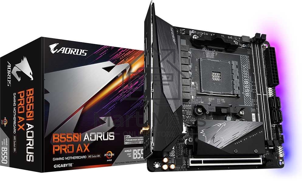 Материнская плата Gigabyte B550I AORUS PRO AX, AM4, AMD B550, 2xDDR4, 4xSATA, 2xM.2, 1xPCIe 4.0 x16, 2xHDMI, 1xDP, 1x 2.5Gb LAN, 1xUSB-C 3.2 Gen 2, 4xUSB-A 3.2 Gen 1, 3x3.5 мм, 7.1, Mini-ITX