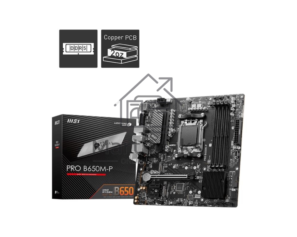 Материнская плата MSI PRO B650M-P, AM5, AMD B650, 4xDDR5, 4xSATA, 2xM.2, 1xPCI-E 4.0 x16, 2xPCI-E 4.0 x1, 1xHDMI, 1xDP, 1xVGA, 1x2.5Gb LAN, 2xUSB 3.2 Gen 1, 2xUSB 3.2 Gen 2, 3x3.5 мм, 7.1, Micro-ATX