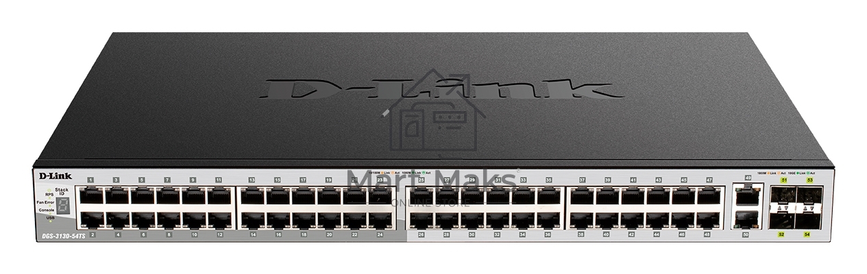 Управляемый L3 стекируемый коммутатор D-Link DGS-3130-54TS/B1A PROJ с 48 портами 10/100/1000Base-T, 2 портами 10GBase-T и 4 портами 10GBase-X SFP+