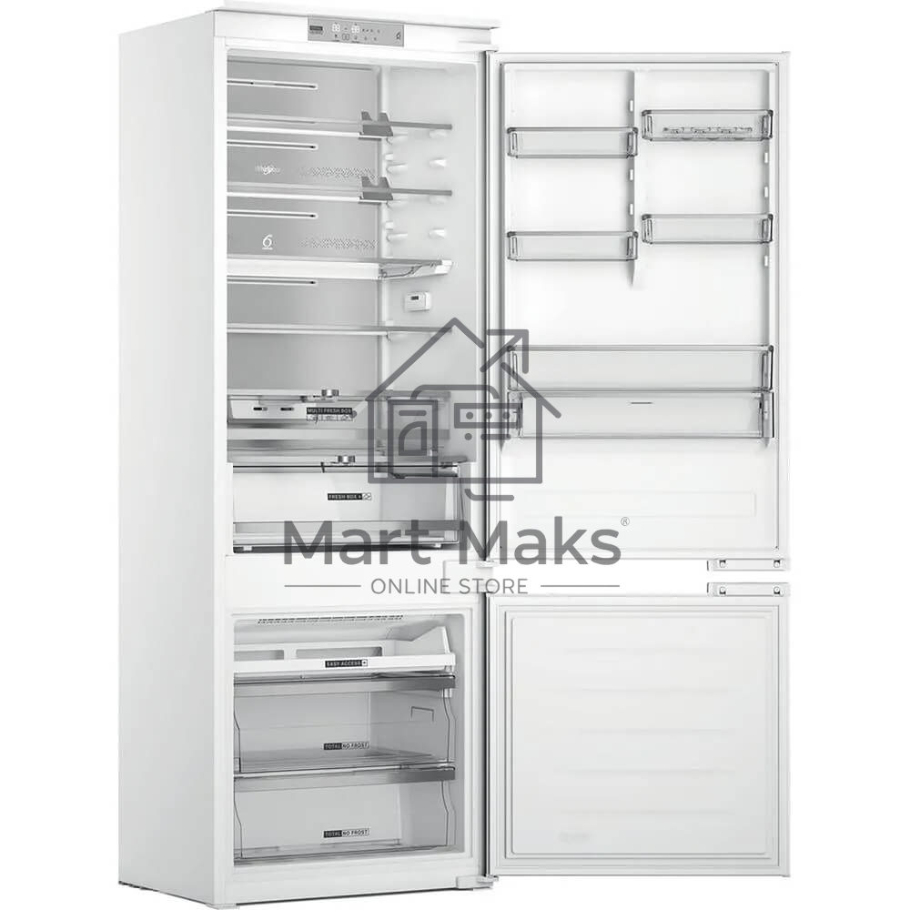 Холодильник встраиваемый Whirlpool WHSP70T241P 70 см, 193.5х54.3х69 см, 295/95 л, инверторный компрессор, автоматическая разморозка, зона свежести влажная, сенсорное управление, технология 6 SMYSL FreshControl, MultiFlow, FreezeControl, перенавешиваемые д