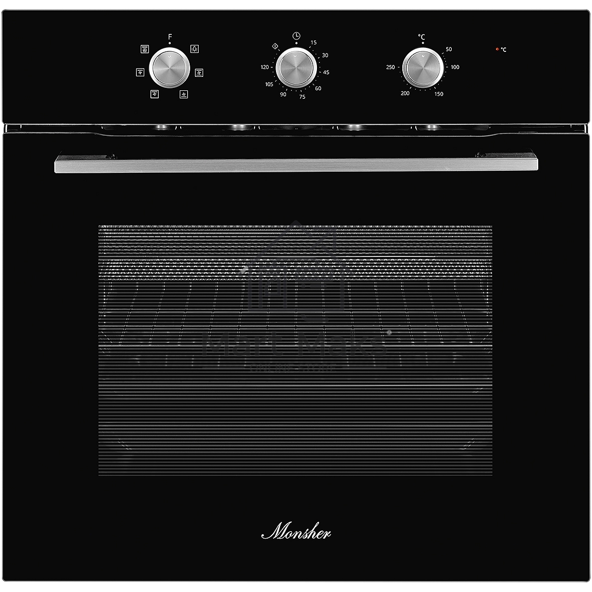 Духовой шкаф MONSHER MOE 6062 Noir, 5 режимов работы, объем духовки 58 л., утапливаемые переключатели, механический таймер, 2 стекла в дверце, энергоэффективность А, цвет: черный,фурнитура серебряная