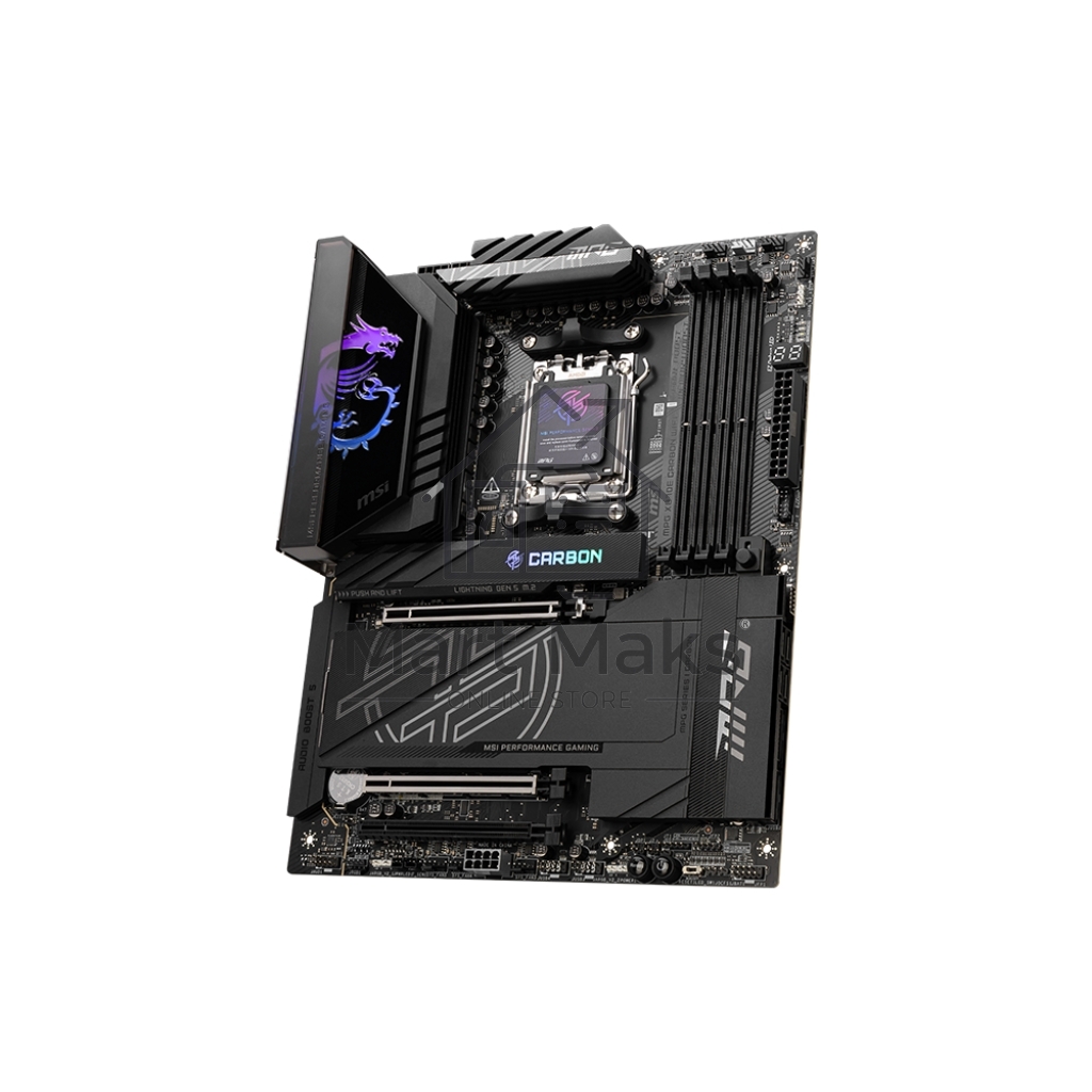 Материнская плата MSI MPG X870E CARBON WIFI, AM5, AMD X870E, 4xDDR5, 4xSATA, 4xM.2, 1xPCIe 5.0 x16, 1xPCIe 5.0 x4, 1xPCIe 4.0 x4, 1xHDMI, 2xUSB-C, 2x1Gb LAN, 9xUSB 3.2 Gen 2, 2xUSB4, 2x3.5 мм, 7.1, ATX