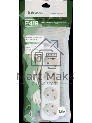 Удлинитель Defender E418 белый 1.8 м, 4 розетки 