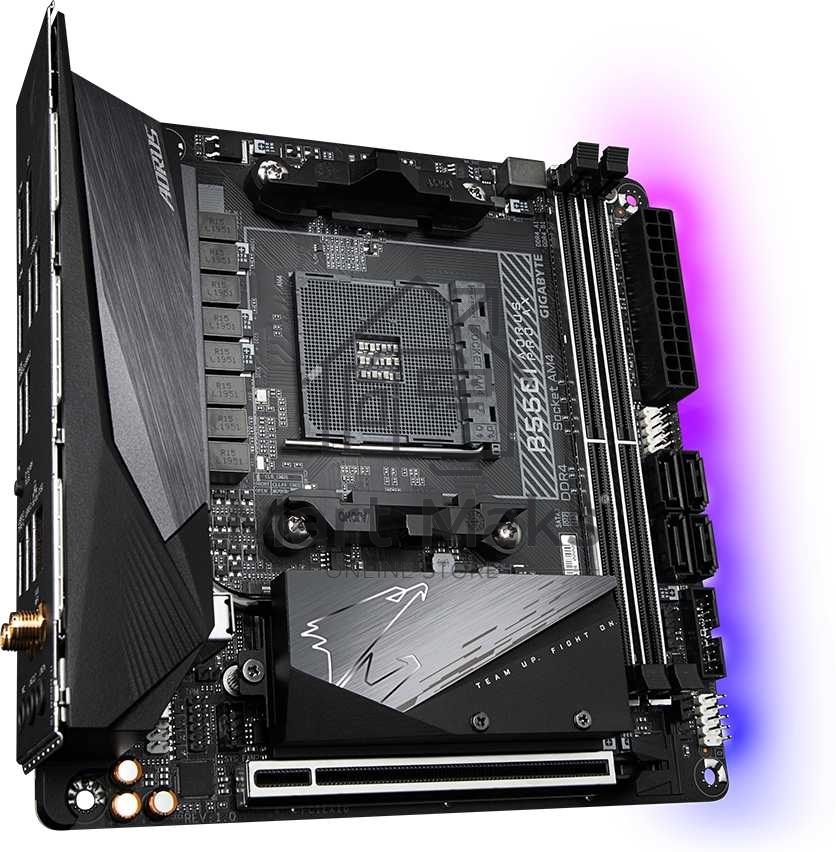 Материнская плата Gigabyte B550I AORUS PRO AX, AM4, AMD B550, 2xDDR4, 4xSATA, 2xM.2, 1xPCIe 4.0 x16, 2xHDMI, 1xDP, 1x 2.5Gb LAN, 1xUSB-C 3.2 Gen 2, 4xUSB-A 3.2 Gen 1, 3x3.5 мм, 7.1, Mini-ITX