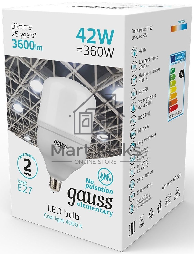 Лампа светодиодная Gauss Elementary T120 42Вт цок.:E27 цилин. 220B 3600K св.свеч.бел.нейт. (упак.:1шт) (63224)