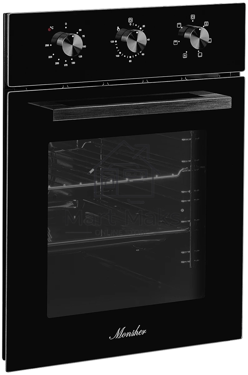 Встраиваемый духовой шкаф Monsher MOE 4563 Noir, электрический, High-Tech, объем 50 л, конвекция, гриль, 3 стекла в дверце, съемные стекла, съемная дверца, телескопические направляющие, черный