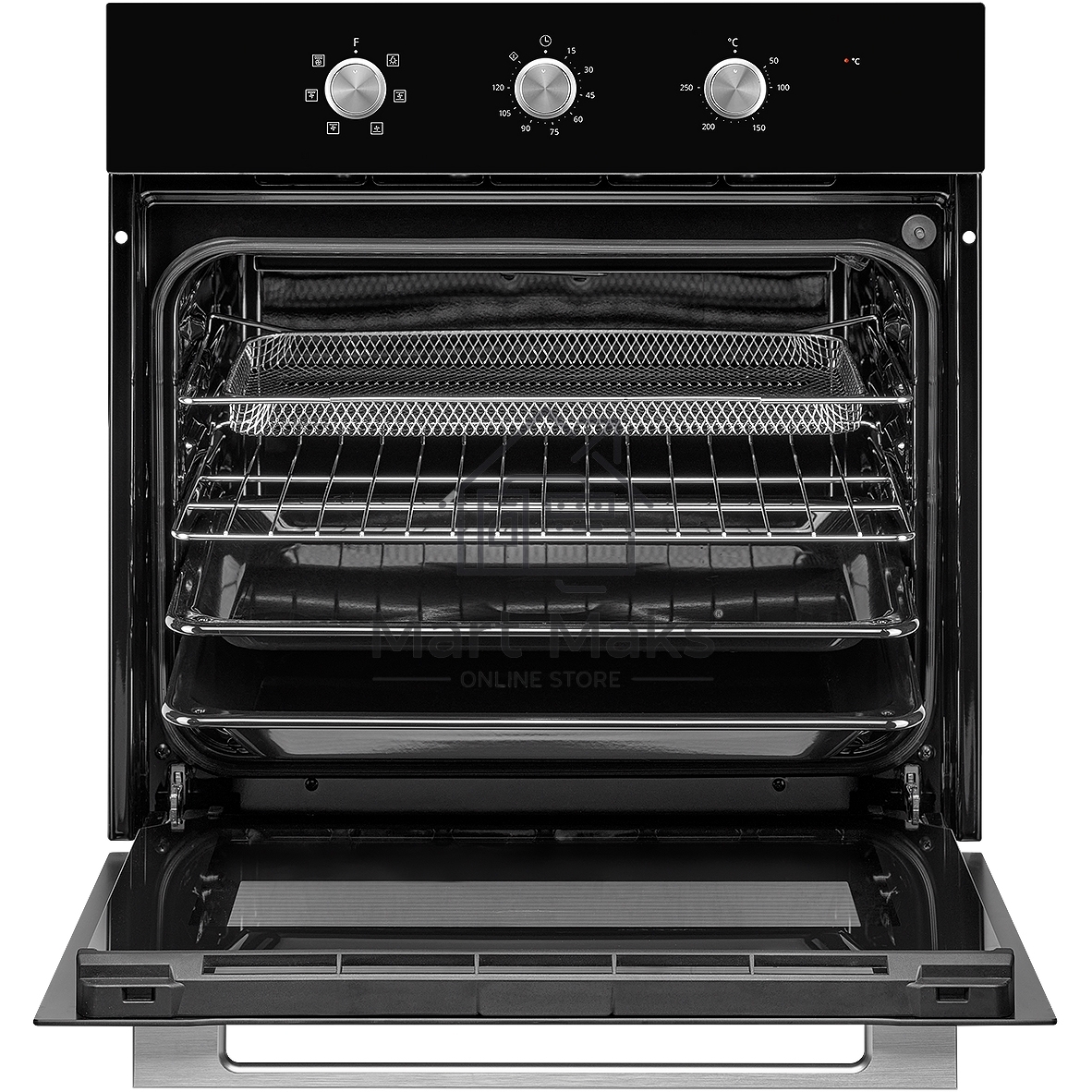 Духовой шкаф MONSHER MOE 6062 Noir, 5 режимов работы, объем духовки 58 л., утапливаемые переключатели, механический таймер, 2 стекла в дверце, энергоэффективность А, цвет: черный,фурнитура серебряная